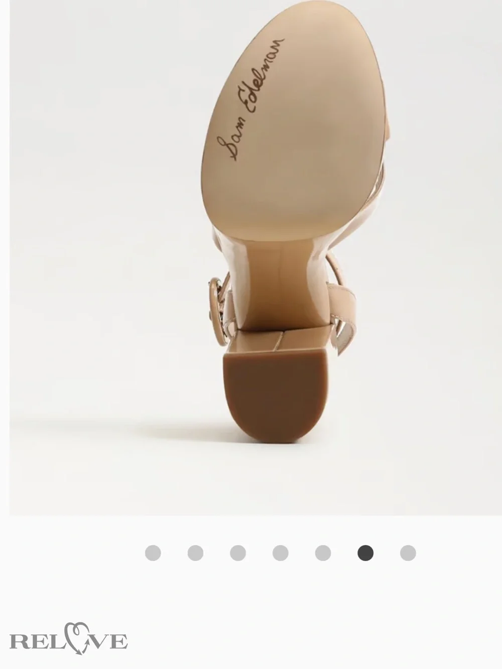 Delman Beige Patent Platform Block Heel Sandal with Ankle Strap